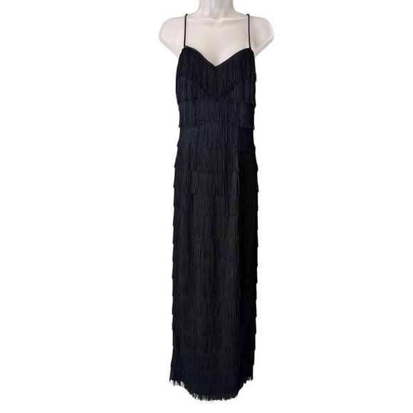 Vintage Inspired Black Fringe Maxi evening Gown With Rhinestone Straps - Picture 2 of 12